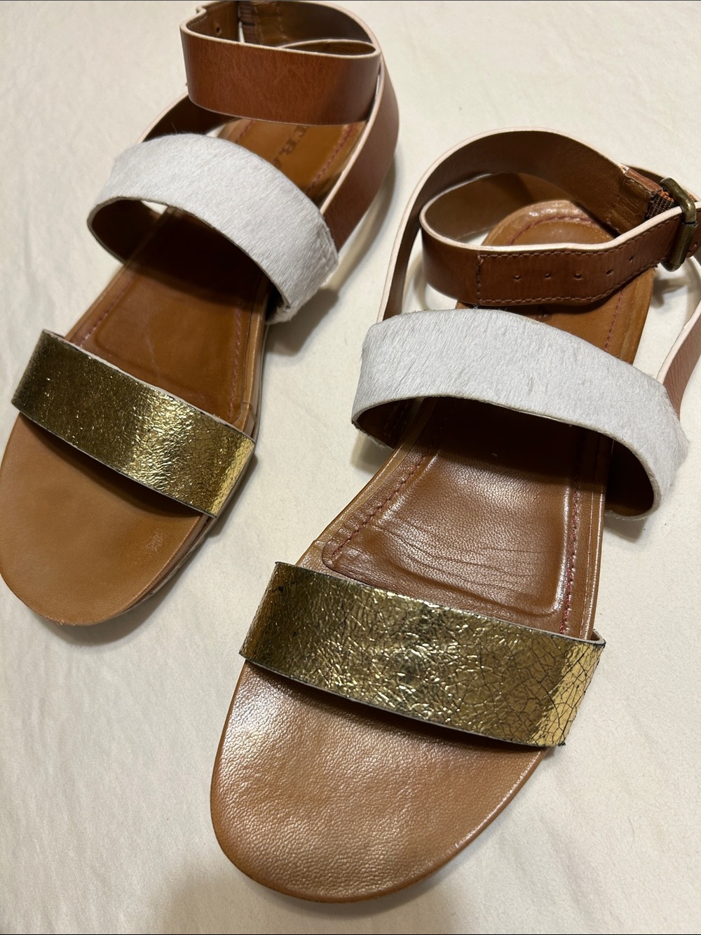 Trask Gold, White & Brown Leather Strap Sandals